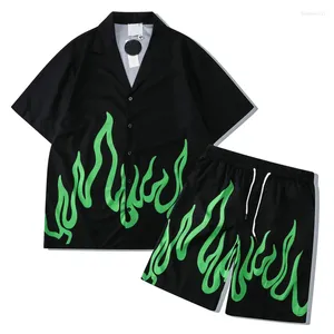Мужские спортивные костюмы, мужские шорты, комплекты, пляжные свободные гавайские рубашки с зеленым пламенным принтом, наряд для летних каникул