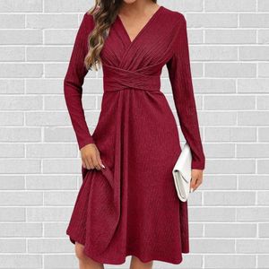 Casual Dresses Fall Spring Women Dress V Neck Long Sleeve High midje Knälängd Vintage Solid Color A-Line Loose Hem Lady Daily Midi