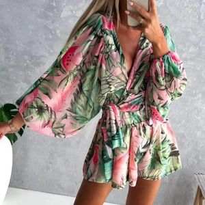 Casual Dresses Sexig Women's Summer Dress Beach Flower Print Lantern Långärmning PlaySuit Jumpsuit Streetwear Bohemian Boho