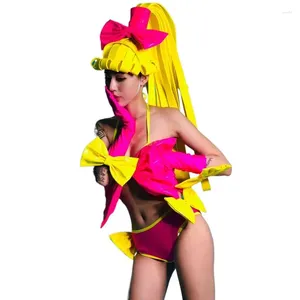 Stage Wear Festival Carnival Party Bar Nightclub Outfit Pink Bow Bikini Wig Headdress 4 -stycken Set DJ Team Show Performance Costume