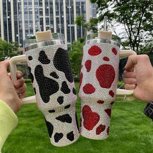 40oz Glitter Coffee Mug Women's Luxury With Handle Cow Print Diamond Tumbler Stainless Steel Water Bottle Travel Insulated Cup 240124