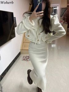 Woherb coreano chique conjuntos de duas peças recortadas tweed jaqueta casacos cintura alta divisão lápis saias elegantes roupas de festa conjuntos 240124