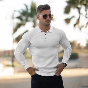 Autumn Gym Clothing Mens Sticked Long Sleeve Polo Shirt Skinny Fitness T-Shirt Manlig träning Bodybuilding Tee Shirt Sports Polos 240126