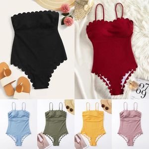 Damenbadebekleidung 2024 Sommer Reine Farbe Frauen Rüschen Bikinis Sexy Weibliche Hohe Taille Abnehmbare Schlinge Einteiliger Badeanzug Badeanzug