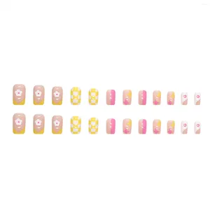Künstliche Nägel, rosa, gelb, quadratisch, mit geruchlosem und umweltfreundlichem Material für Handdekoration, Nagelkunst