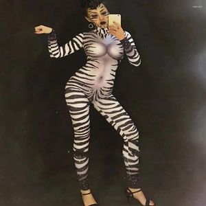 Stage Wear Bar Nightclub Performance Leotard Animal Pattern Printed Crystal Skinny Jumpsuit Holiday Party Cosplay Costume Sexy Romper