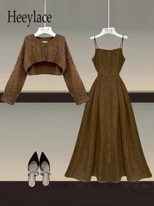 Fall Winter Two Piece Sets Women Outfits Korean Casual Long Sleeve Twist Knitted Short Sweater And Straped High Waist Dress Sets 240129