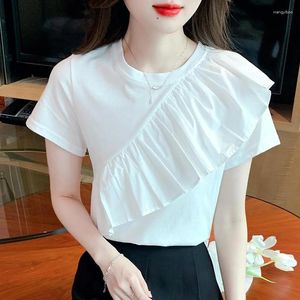 Kvinnors blusar Summer Fashion Woman White Short Sleeve Cotton Elegant Ruffles O Neck Solid Tops 2024 Korean Stylish T-Shirt 27164