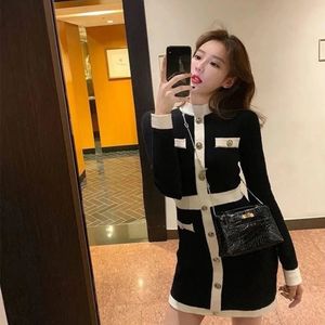 Fashion Korean Style Knitted Dress Winter White Black Women Knit Bodycon Dress Elegant Long Sleeve Dress Knitwear For Women 240124