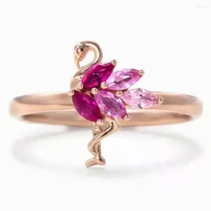 Cluster Rings Luxury 925 Sterling Silver Pink Flamingo Ring Dainty Rose Gold Animal Jewelry Girlfriend Lover Gift