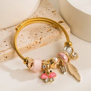 Charme Pulseiras Moda Bonito Rosa Borboleta Folha Pingente Pulseira De Aço Inoxidável Pérola Esmalte Bead Jóias Mulheres Cuff