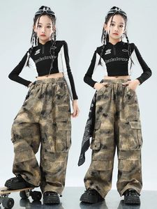 Stage Wear 2024 Kids Clothing Black Crop Tops Camouflage Pants Suit For Girls Jazz Dance Performance Costumes Hip Hop Streetwear DN16826