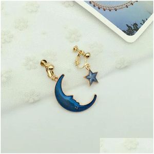 Clip-On Screw Back Backs Earrings High-Grade Gold Color Star Moon Circle Clip On For Women Luxury Fashion Long Chain Enamel Earth Sky Otu0U