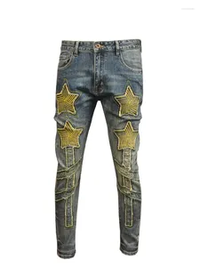 Jeans da uomo Retro XINGX ricamato Fashion Street Slim Fit Skinny Stretch Patch Pantaloni casual invecchiati lavati