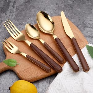Conjuntos de louça 5 pcs japonês conjunto de talheres de aço inoxidável colher faca jantar garfo pauzinhos luxo talheres imitação madeira lidar com