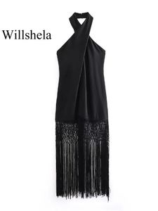 ウィルシェラの女性ファッションタッセルブラックバックレスミディドレスヴィンテージホルターネックノースリーブ女性シックレディドレス240129
