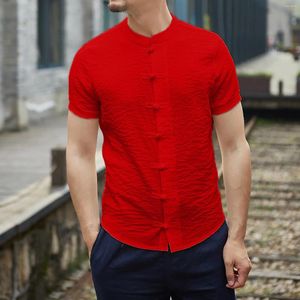 Camicie casual da uomo Camicette di lino rosse Abbigliamento in stile cinese Magliette e camicette Henley a maniche corte Camicia vintage per uomo T-shirt