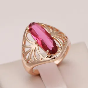 Cluster Rings Kinel Oval Red Natural Zircon Big Ring Fashion 585 Rose Gold Color Women Hollow Flower Vintage Ethnic Wedding Jewelry