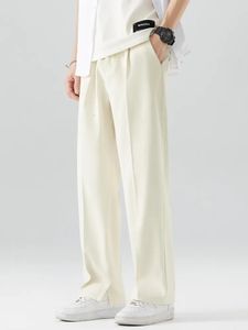 2023 Summer Casual Pants Men Breathable Polyester Korean Fashion SemiWide Banded Waist Slacks Straight Loose Drape Trousers 240129