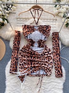 Bras Sets SINGREINY Senior Leopard Hollow Out Sleepwear Women Halter Drawstring Dress Oversleeve Thongs Fashion Erotic Porn Sexy Pajamas