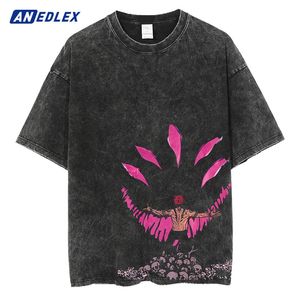 Japanese Anime Print T Shirt Men Vintage Washed Tshirt Summer Short Sleeve Cotton Tops Tees Harajuku Hip Hop Streetwear 240202