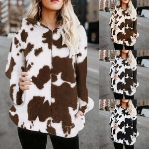 Women's Jackets Women Warm Fleece Winter Furry Teddy Coat Thickened Milk Cow Print Faux Fur Jacket Plush Zipper Outwear Streetwear