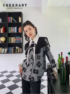 Damenblusen CHEERART Herbst 2024 Vintage Jacquard Cape Shacket Langarm Button Up Hemd für Frauen Floral Designer Top Herbstkleidung