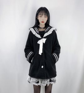 Women039s Trench Coats Yangelo Harajuku Casaco fofo Autumn Winter Women Gothic Black Logo Capuzes Japonês Collar Cardigan S5407970