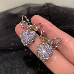 Stud Earrings Purple Love Heart Silver Needle Cute Fruit Sweet Bow Lace