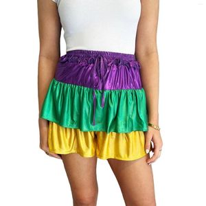 Shorts femininos puloru contraste cor cetim festival roupas streetwear casual cintura alta elástica babado guarnição calças curtas