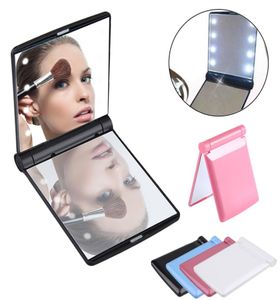 Portabla 8 LED -lampor Makeup Mirrors fördubblar kosmetisk spegel Fällbar kompakt fickspegel med lampor Kvinnor Beauty Tool6659369