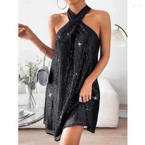 Abiti casual Wepbel Abito sexy con paillettes Tinta unita Allentato Estate Moda Halter Donna Senza maniche Senza spalline Mini