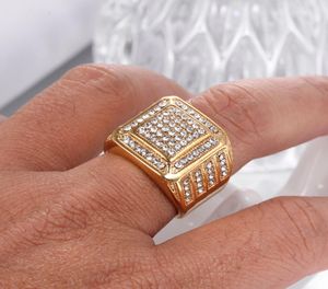 Anel de cristal quadrado hip hop com brilho, cor dourada, anéis de casamento de aço inoxidável para homens, joias, tamanho americano 6103279933