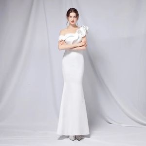 Women's Vintage Long Chiffon Evening Dresses Elegant Formal Solid Red White Mermaid Sheath Cascading Ruffle Wedding Party 240124