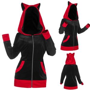 Fashion Women Cat Ears Hooded Sweatshirt Coat Autumn Winter Casual Patchwork Long Sleeve Pocket Zipper Plush Sweatshirts Outwear 240202