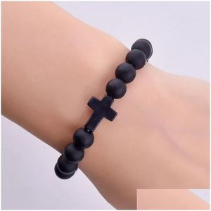 Beaded Summer Style Cross Charms Strand Armband Classic 8mm Turquoise Stone Elastic Friendship Armband Beach For Women Men Jewelr Dhqkg