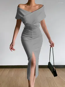 Party Dresses Spring Women Off Shoulder Slim Evening Dress Solid Sexy Sleeveless Bodycon Bag Hip Elegant Waist Summer Split Lady