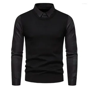 Erkek Sweaters 2024 Sonbahar ve Kış Kazak İnce Uygun Ekleme Sahte İki Parçalı Gömlek Örtü Kaplamış Palto