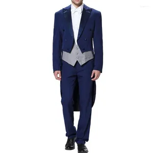 Herrdräkter senaste Royal Blue Wedding Man Tail Coat Three Piece Double Breasted Peaked Lapel Groom Wear Grey Vest Jacket Pants Prom Men Passar