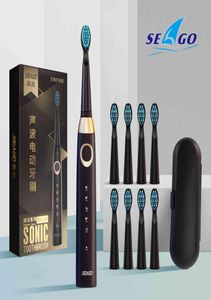 Escova de dentes Seago Escova de dentes elétrica USB recarregável 5 modos Smart Ultra Escovas de dentes Caso de viagem Escova de higiene bucal 8 cabeças de dentes Q05083326673