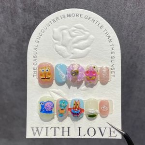 Handmade Cute Press on Nails Short Orange 3d Cartoon Design Reusable Adhesive False Nails Acrylic Artificial Manicure for Girls 240129