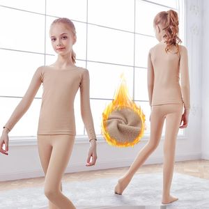 Girls Thermal Tracksuit Fleeced Underwear Set Winter Velvet Tops Tights Clothing Set Kids Nude Leotards Sports Tracksuit 240118