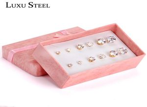 Stud LUXUSTEEL White Crystal Size 3mm5mm7mm Mixed Style RoundSquare Cubic Zirconia 6pairsBoxes Earrings Sets Female Bijoux Gif5974809