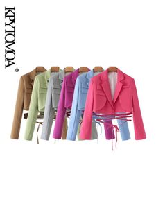 KPYTOMOA Women Fashion With Tied Cropped Blazer Coat Vintage Long Sleeve Female Outerwear Chic Veste Femme 240202