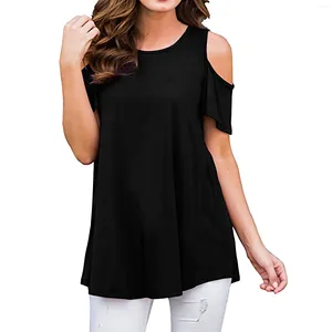 Kvinnors blusar från axeln och toppar för kvinnor 2024 Summer Solid Color Short Sleeve Blus Tunic Casual Loose Top Blusas T-shirt