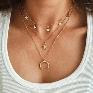 Ketten Trendy Vintage Stern Mond Strass Multi Layer Lange Anhänger Choker Halsketten Für Frauen Femme Gold Farbe Kette Geometrische Schmuck