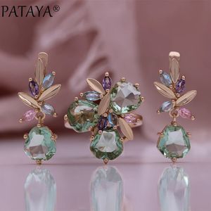 PATAYA Fashion Jewelry Women 585 Rose Gold Color Rings Earrings Set Light Green Stone Rhombus Cubic Zircon Wedding Sets 240118