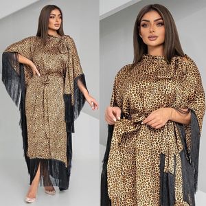 Moda feminina moderna vestido de noite mangas morcego borlas kaftan leopardo impressão vestidos de festa elegante árabe dubai robe com cinto abaya