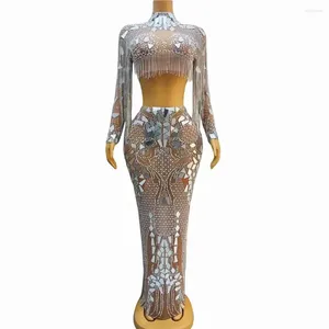 Bühnenkleidung Silber Spiegel Strass Ketten Kleid 2er Set Mesh Stretch Geburtstag Party Kristalle Fransen Outfit Sänger Performance Kleider