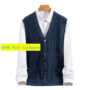 Chegada primavera outono 100% puro cashmere cardigan tanque superior camisola masculina casual sólido colete de malha plus size S-3XL4xl5xl6xl240127